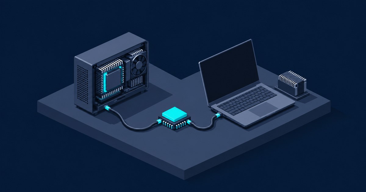 Isometric dark navy scene of a compact PC with a glowing processor cabled through a cyan chip to a laptop, evoking local LLM runners on personal hardware